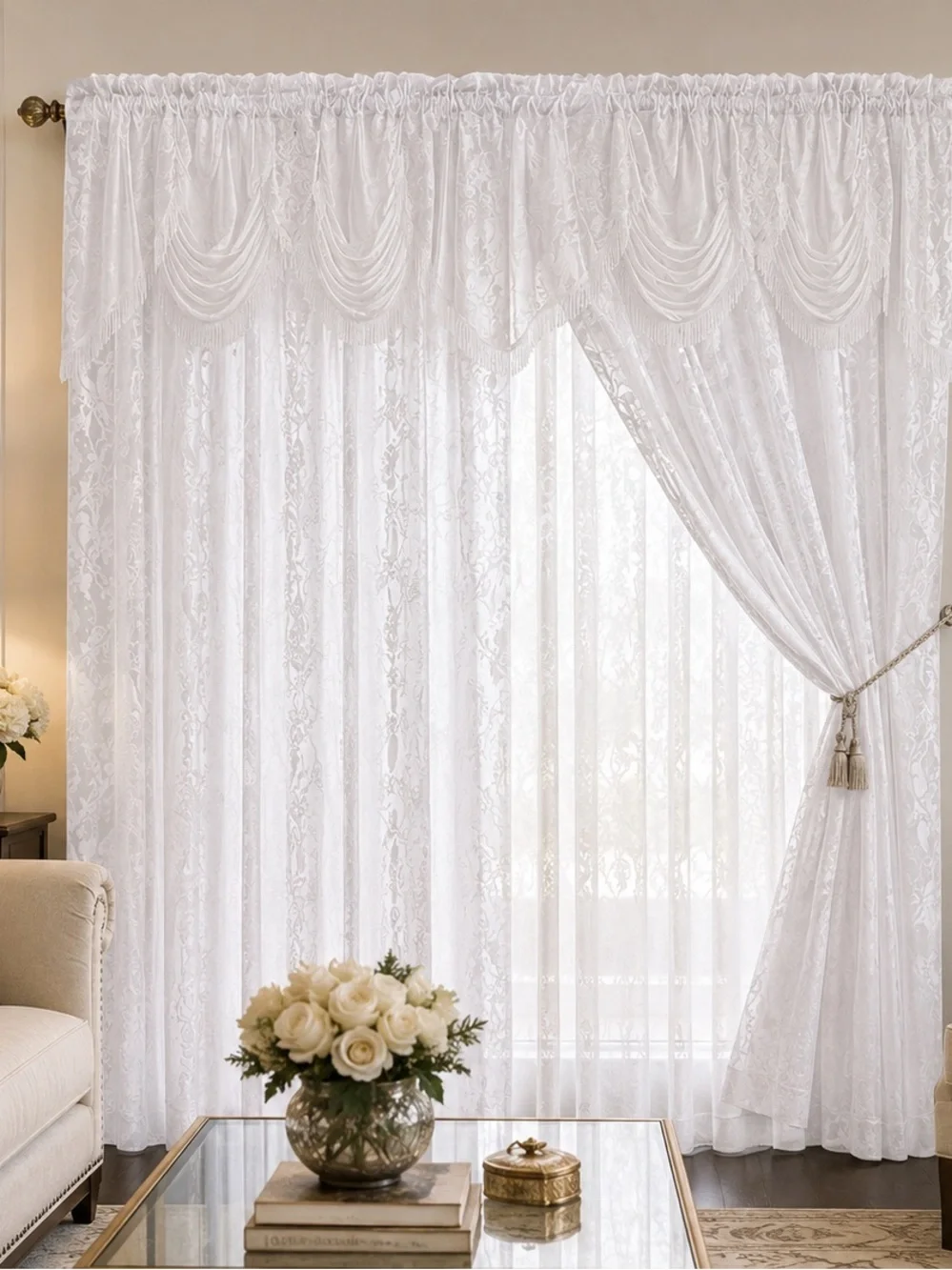 White jacquard 2 piece curtain set